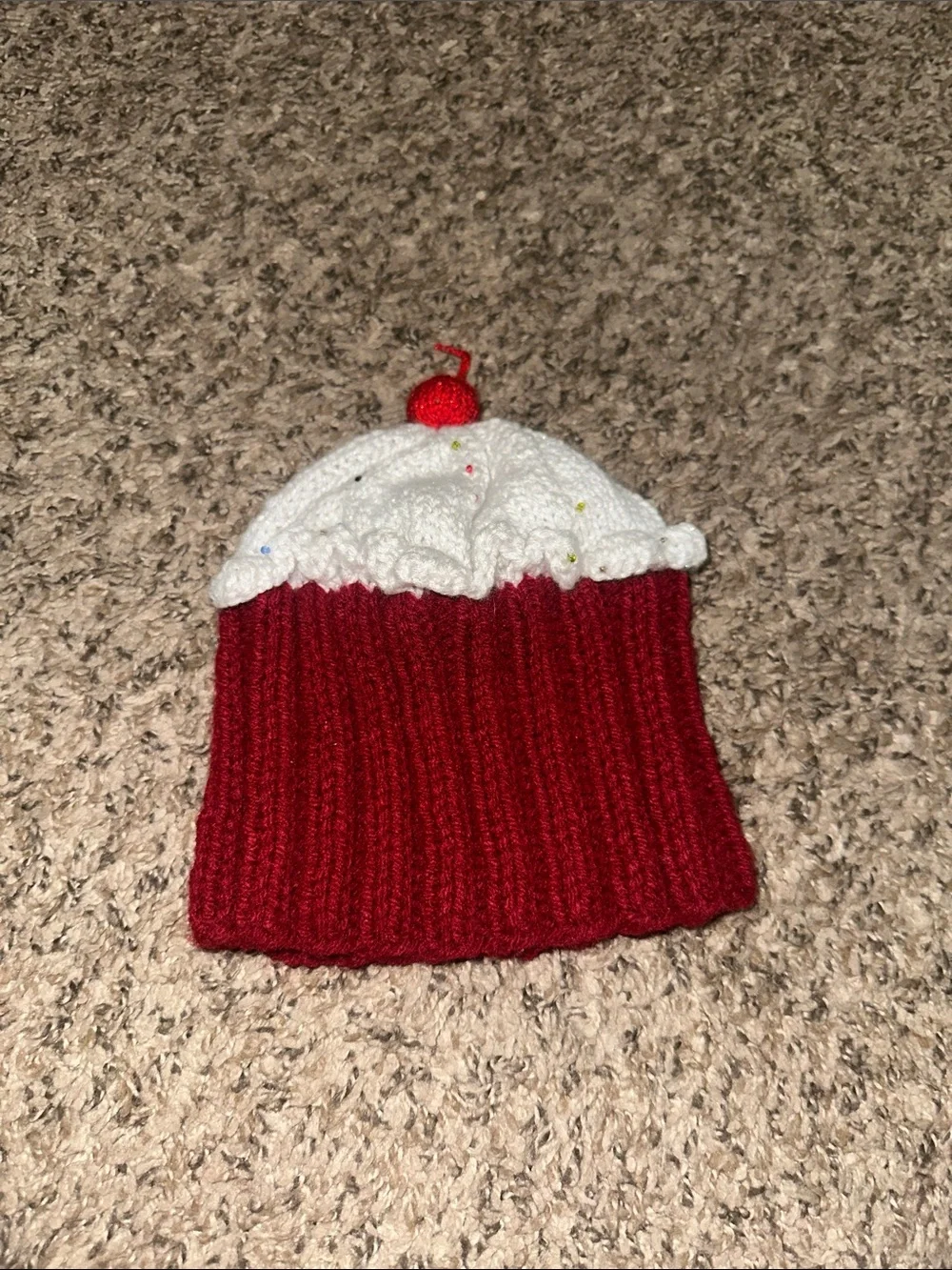 Kids Red Cupcake Beanie Hat with White Frosting, Beaded Sprinkles and Cherry